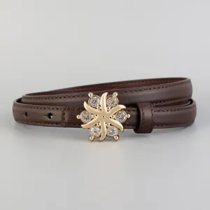 Women's slim brown leather belt with shiny rhinestone metal buckle, elegant jeans accessory