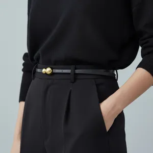 Minimalist Genuine Leather Women Belt With Metal Ball Buckle Versatile Thin Strap For Dress Daily Commute