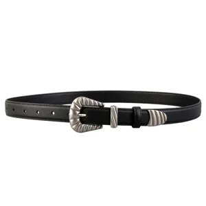 Niche Y2K dark style women's black leather belt with vintage silver western metal buckle.