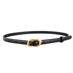 Minimalist black genuine leather women waist belt with unique irregular gold metal pin buckle.