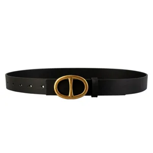 Classic black leather belt featuring a vintage gold tone oval buckle for daily wear