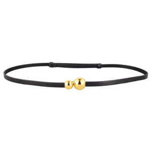 Women's black leather thin belt with gold double ball metal buckle, stylish dress accessory.