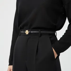 Women's Genuine Leather Belt Minimalist Business Style Thin Waist Belt With Metal Rhinestone Buckle For Jeans Pants