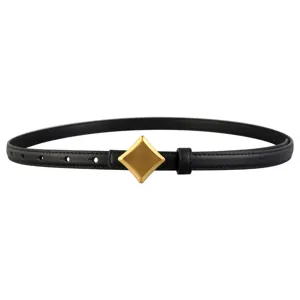 Women's genuine leather belt with matte gold geometric buckle, elegant black waist accessory.