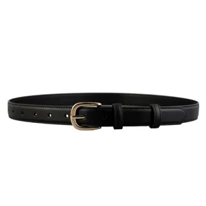 Classic minimalist womens black leather belt with elegant gold tone metal pin buckle.