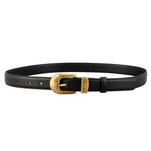 Mooie zwarte dames leren riem met retro gouden metalen gesp voor casual spijkerbroek