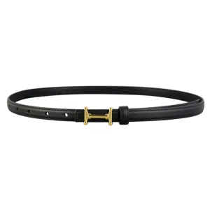 Minimalist women genuine leather belt with elegant gold metal buckle fashion accessory