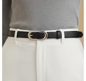 Women genuine leather belt with stylish silver irregular metal buckle for casual wear