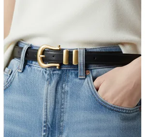 Elegant black leather belt for women with stylish gold buckle denim jeans accessory