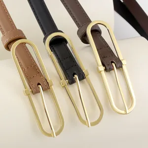 Women genuine leather slim belt detail view, stylish metal buckle waist strap for jeans.