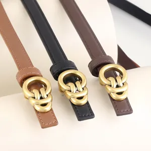 Women's thin leather belt with vintage metal buckle, elegant multi-color accessory for coat.