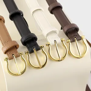 Women leather belt with gold horseshoe buckle versatile dress jeans waist belt stylish accessory