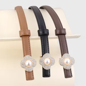Slim leather belt for women with rhinestone pearl clover buckle chic waist strap set