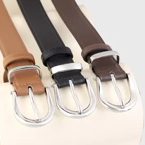 Classic genuine leather women belt with metal buckle, retro design, versatile everyday wear detail shot.