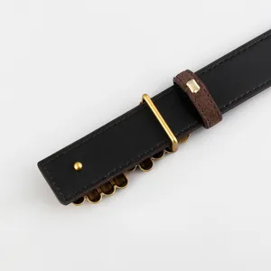 Close-up of black leather fashion belt with brass hardware and brown suede loop detail.