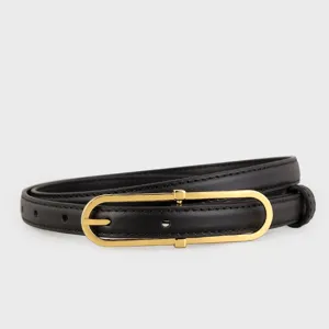 Minimalist black leather belt featuring a sleek gold-tone elongated oval metal buckle.