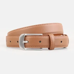 Detailed shot of the brown leather belt, silver metal pin buckle, fine stitching design.