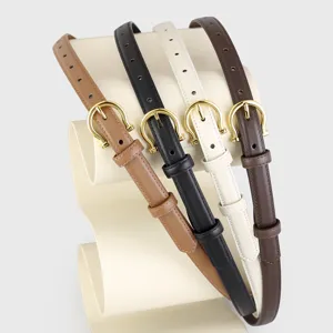 Slim leather belt for women with elegant gold horseshoe buckle versatile jeans accessory chic