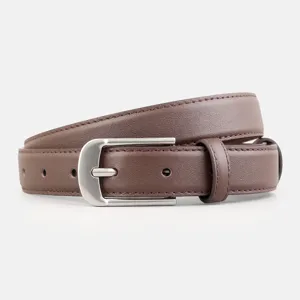Close-up detail of women brown leather belt with silver pin buckle for daily jeans accessory