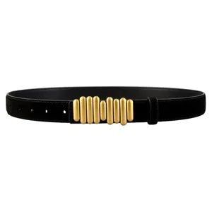 Women black suede belt with unique gold vertical bar buckle elegant fashion waist accessory
