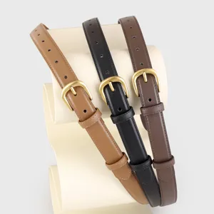 Close-up detail of genuine leather women belts in multi-colors with metallic pin buckles.