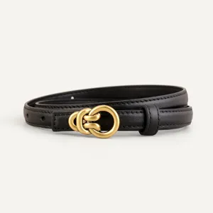 Women black leather belt with vintage metal buckle, chic thin strap for coats and jeans detail