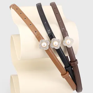 Thin leather belt women waist belt with rhinestone pearl flower buckle for dress jeans