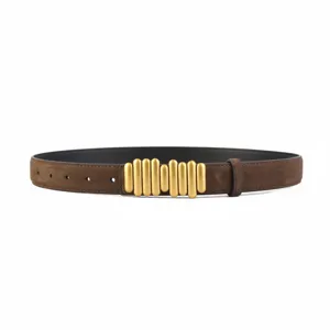 Elegant brown suede leather belt for women featuring unique vertical gold metal bar buckle.