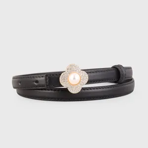 Detail view of the black genuine leather thin belt featuring a pearl clover metal buckle.