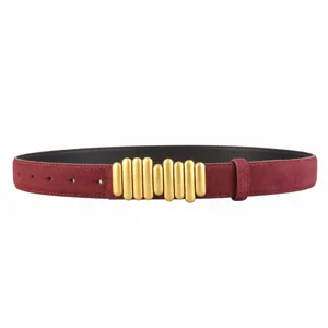 Red suede leather belt featuring unique gold vertical pill buckle design stylish accessory