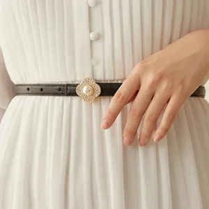 Women Genuine Leather Belt Versatile Minimalist Thin Waistband With Artificial Pearl Rhinestone Clover Buckle