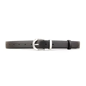 Classic black leather belt for women with a sleek silver metal buckle for everyday wear.