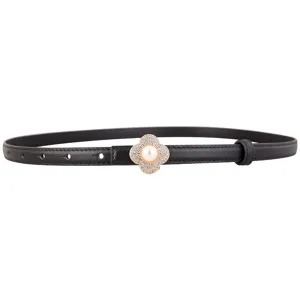 Elegant black leather belt for women featuring a sparkling rhinestone and pearl clover buckle.