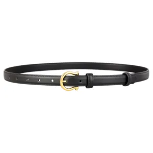 Black leather belt with gold metal buckle, stylish accessory for women jeans and sweaters.