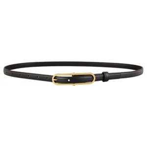 Women minimalist slim black leather belt with gold metal buckle for jeans and dresses