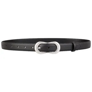 Women black leather belt featuring silver metal buckle stylish waist belt for daily jeans outfit