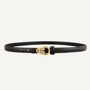 Women retro minimalist black leather belt with gold interlocking metal buckle for dress coat jeans