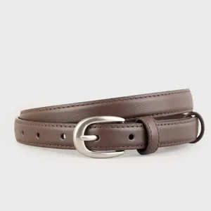 Brown women's belt detail, stylish pin buckle leather strap for casual jeans and trousers.