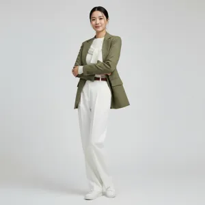 Detail view of professional casual outfit with green blazer and white trousers on model.