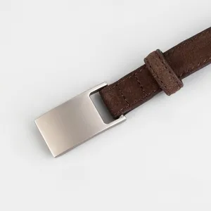Dark brown suede women belt with matte silver square buckle casual leather belt detail