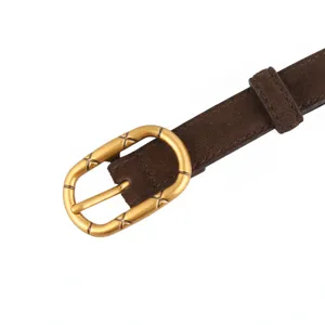 Brown suede women's belt featuring a retro metallic buckle with cross details for commute.