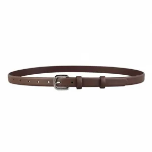 Ceinture fine en cuir marron pour femme, vue détaillée, boucle argentée, accessoire mode.