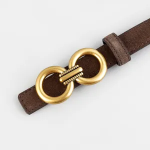 Brown suede women's belt with stylish gold double ring buckle, perfect for jeans and suits.