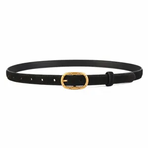Black suede leather women belt with a vintage gold oval buckle, chic retro style daily wear.