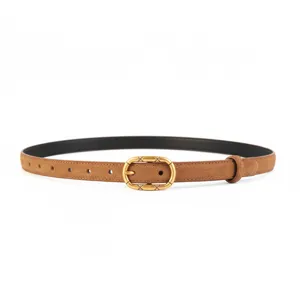 Brown suede women belt detail view showcasing vintage gold tone metal buckle design.