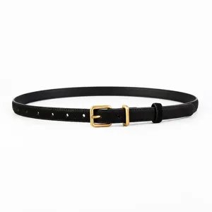 Black suede women belt retro matte finish gold tone square buckle minimalist daily wear
