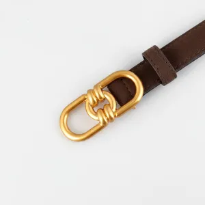 Detailed shot of brown suede women belt with luxury gold interlocking metal buckle hardware.
