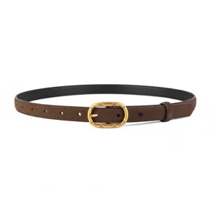 Detailed view of brown suede women's belt featuring elegant vintage gold-tone oval buckle.