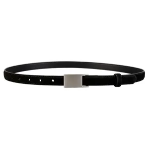 Minimalist black suede women's belt featuring a sleek silver metal buckle for versatile styling.