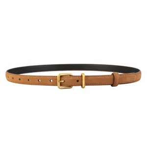Retro suede leather belt for women, slim matte texture waist strap with vintage gold buckle.